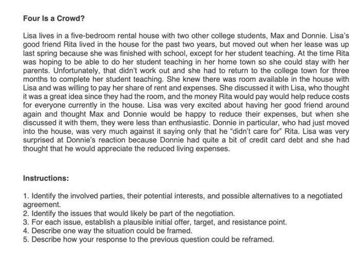 Four Is a Crowd? Lisa lives in a five-bedroom