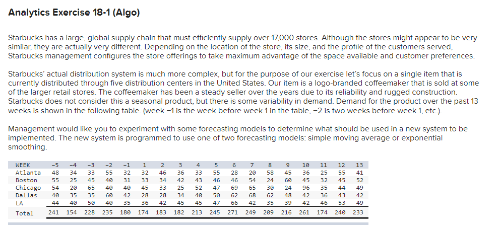 Analytics Exercise 18-1 (Algo) Starbucks has a