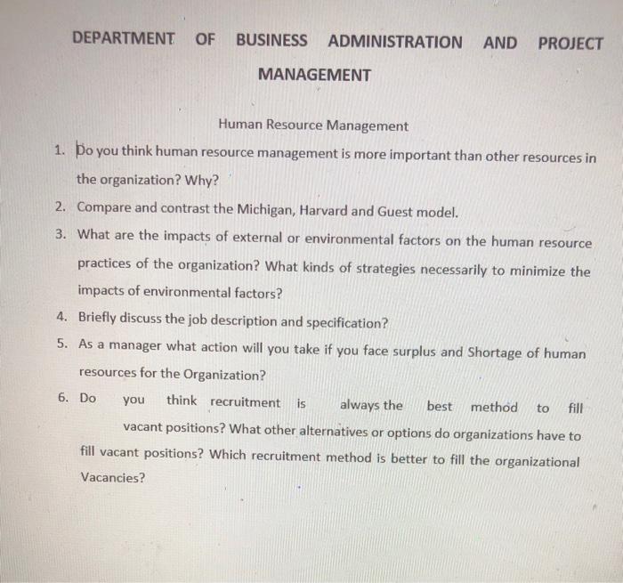 DEPARTMENT OF BUSINESS ADMINISTRATION AND PROJECT