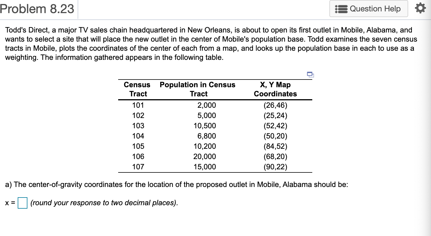 a) The center-of-gravity coordinates for the