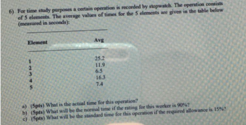6) For time study purposes a certain operation is