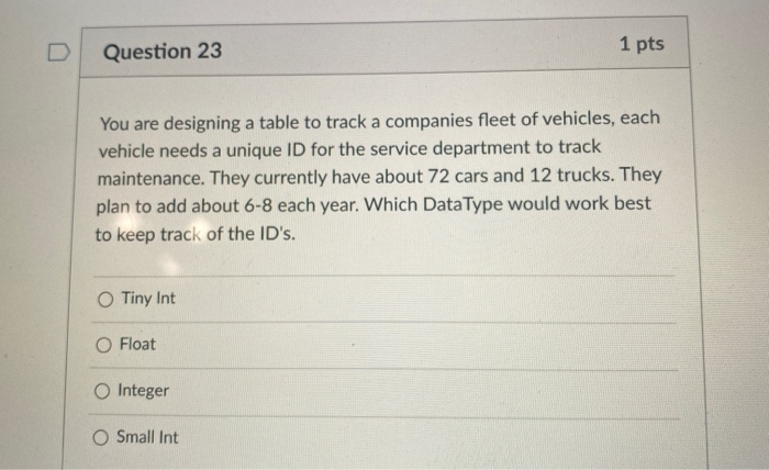 Question 23 1 pts You are designing a table to