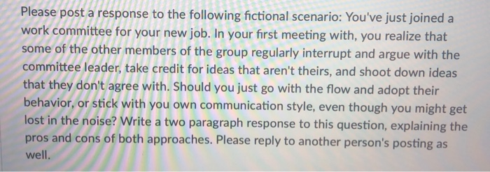 Please post a response to the following fictional