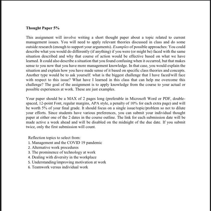 Thought Paper 5% This assignment will involve