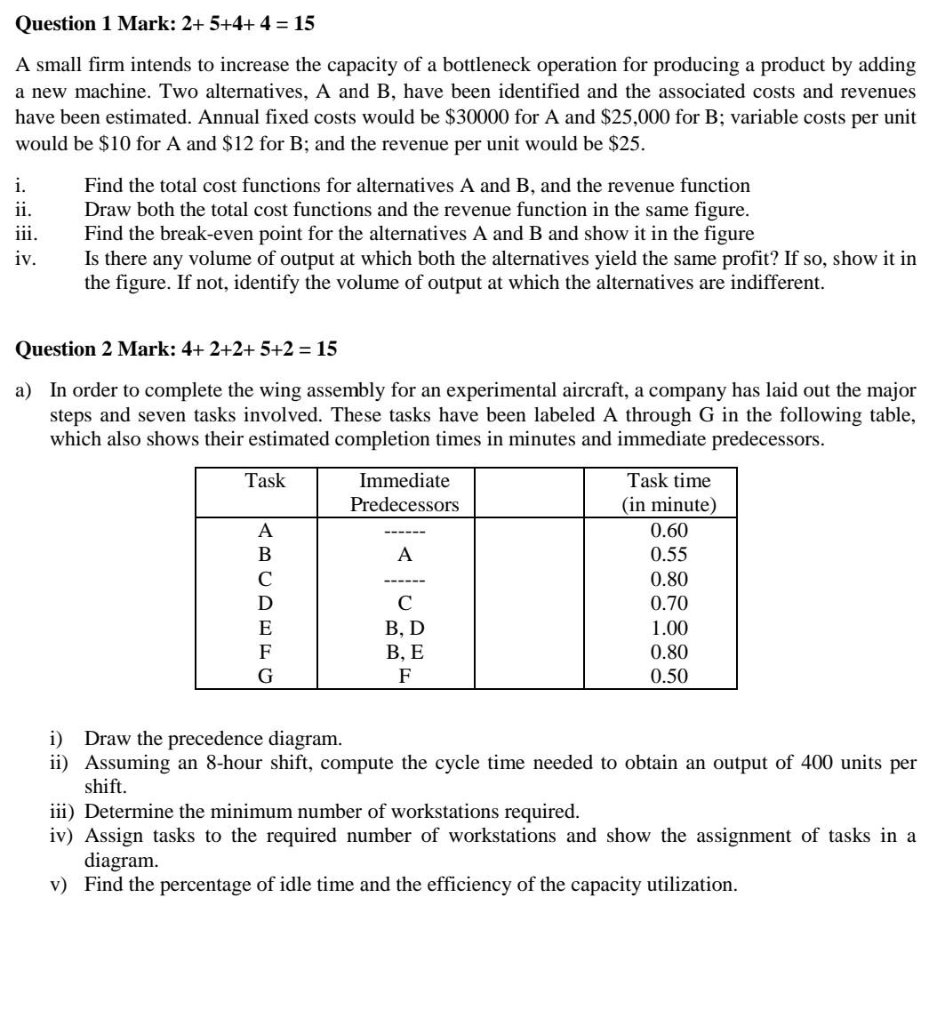 Question 1 Mark: 2+ 5+4+ 4 = 15 A small firm