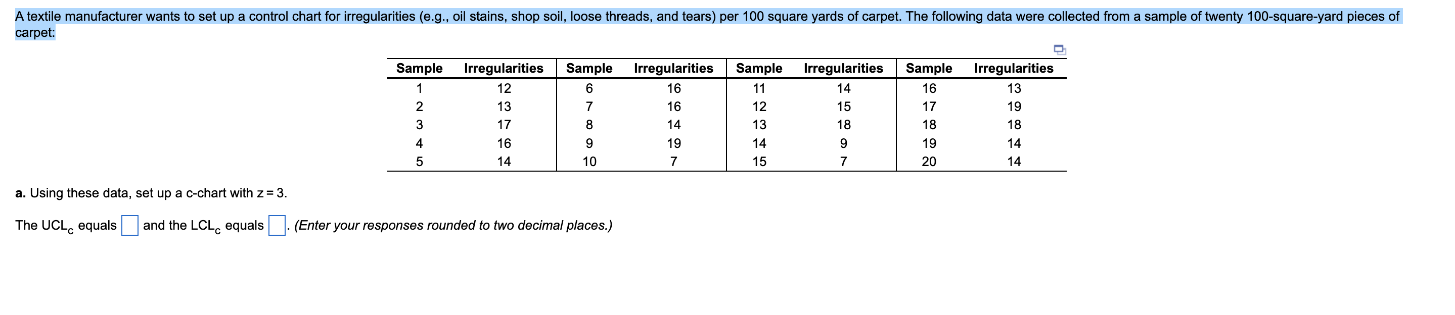 A textile manufacturer wants to set up a control