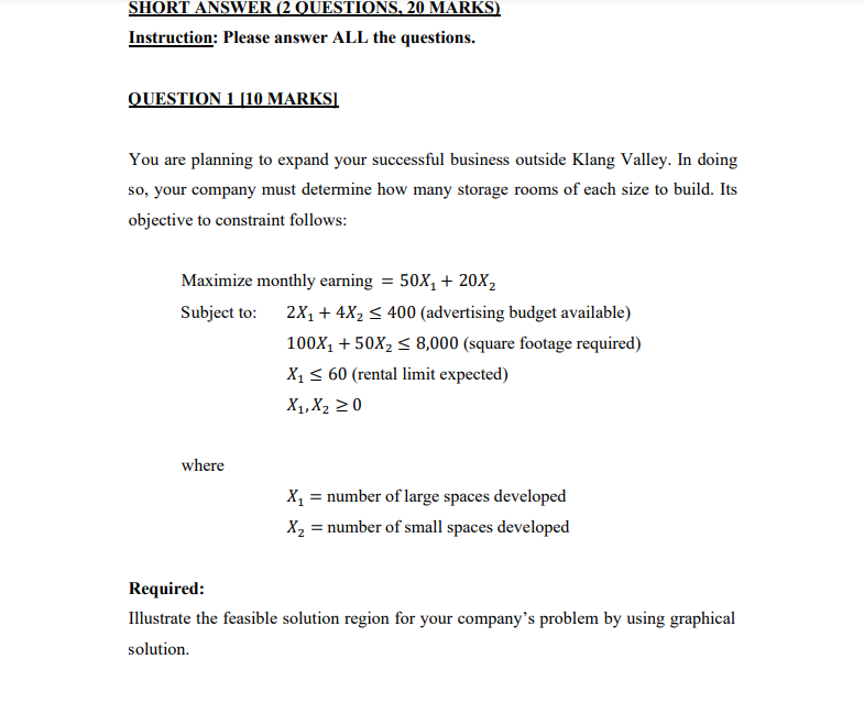 SHORT ANSWER (2 QUESTIONS, 20 MARKS) Instruction: