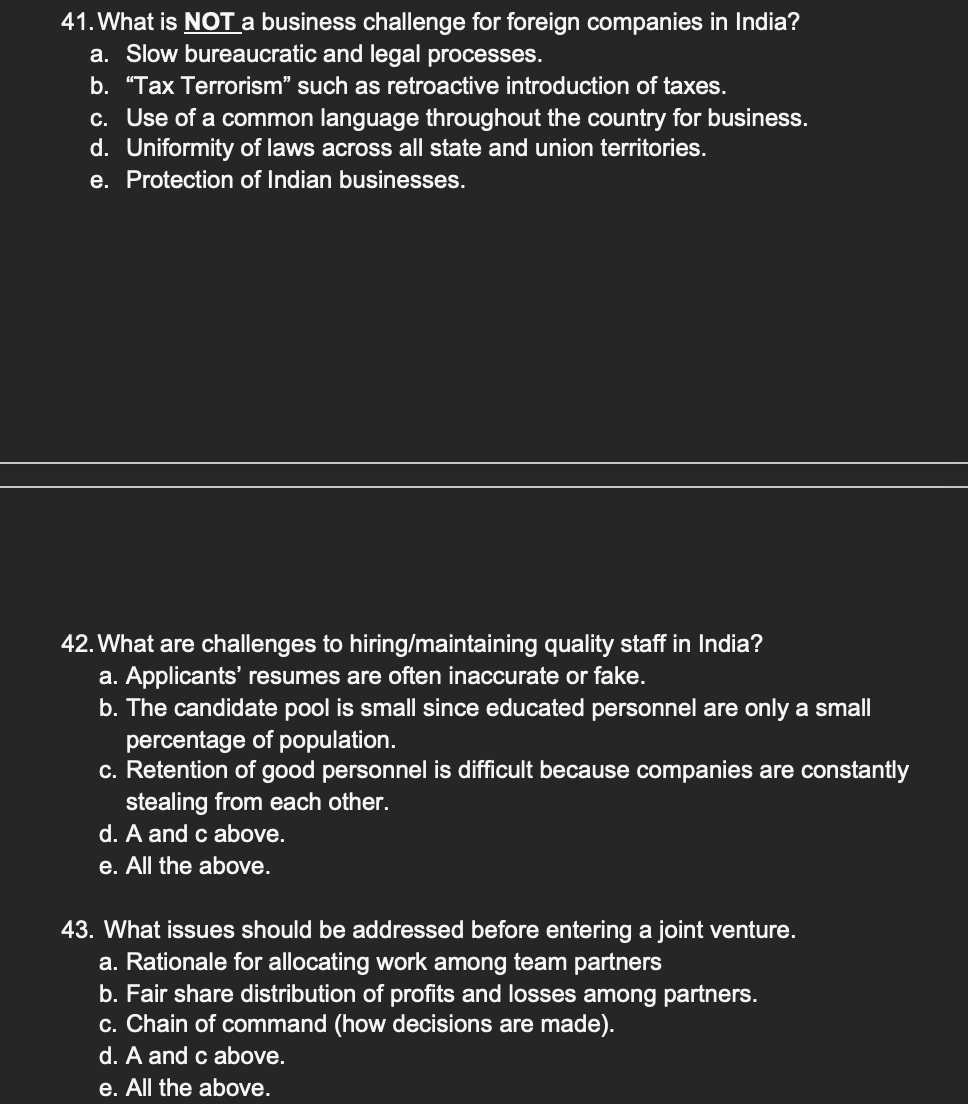 41. What is NOT a business challenge for foreign