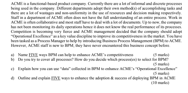 ACME is a functional-based product company.