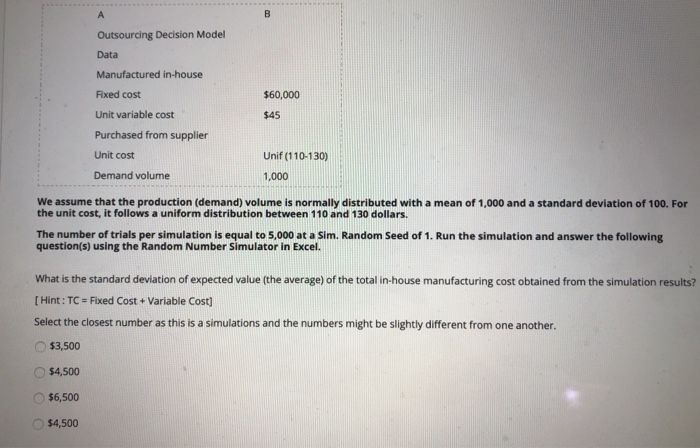 A B Outsourcing Decision Model Data Manufactured
