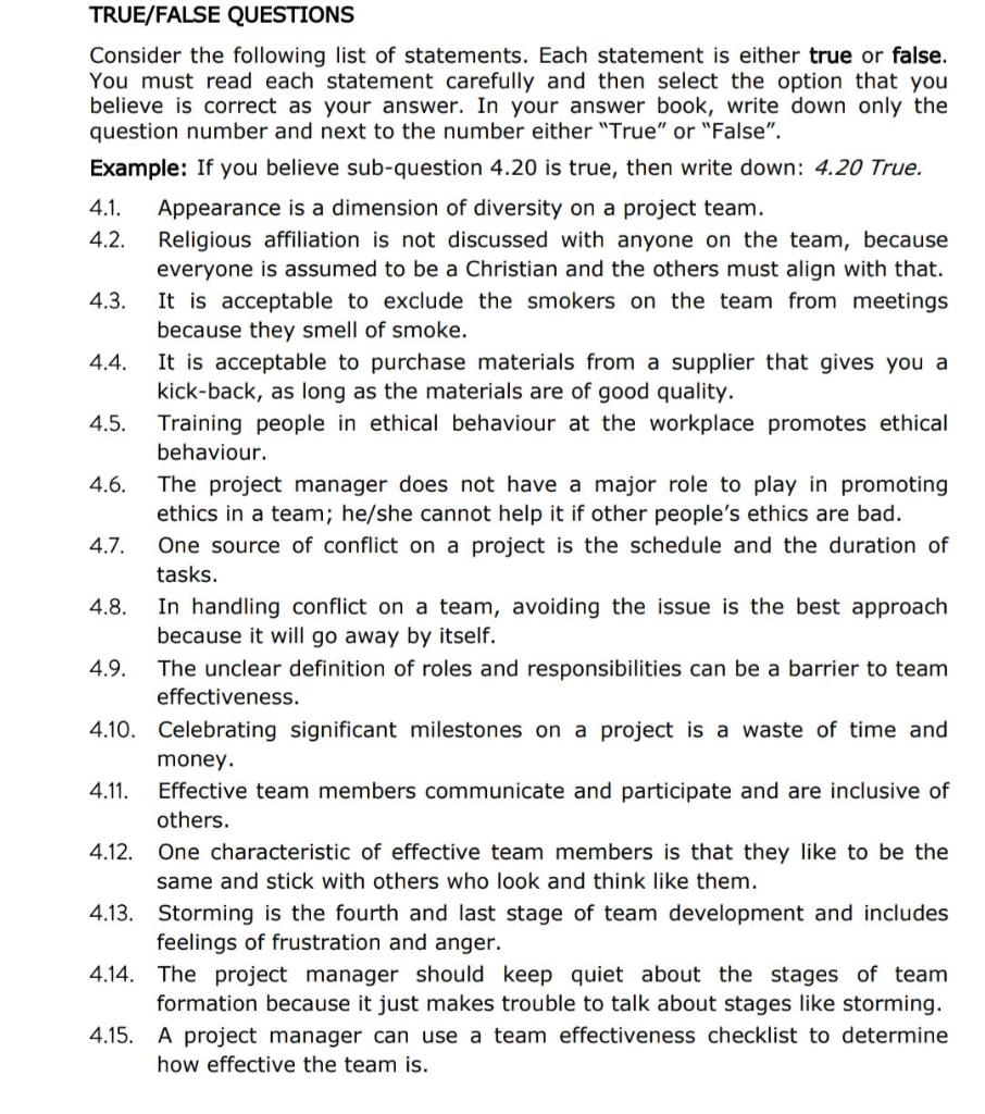 TRUE/FALSE QUESTIONS Consider the following list