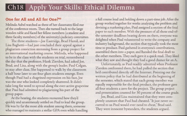 Ch18 Apply Your Skills: Ethical Dilemma One for