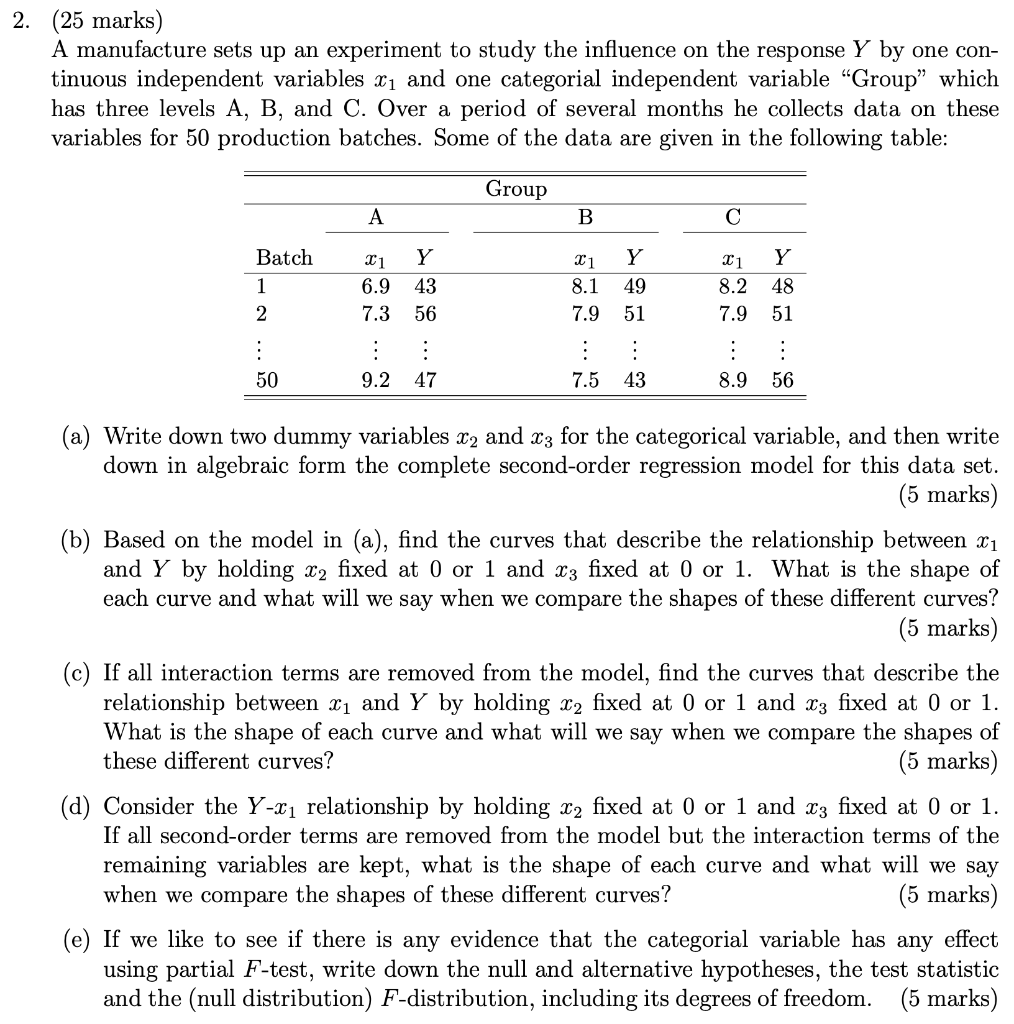 2. (25 marks) A manufacture sets up an experiment