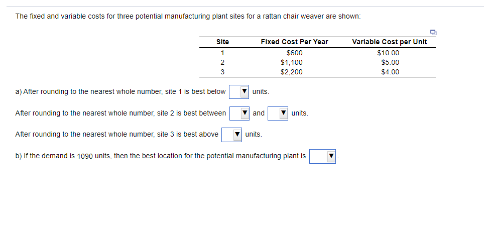 The fixed and variable costs for three potential