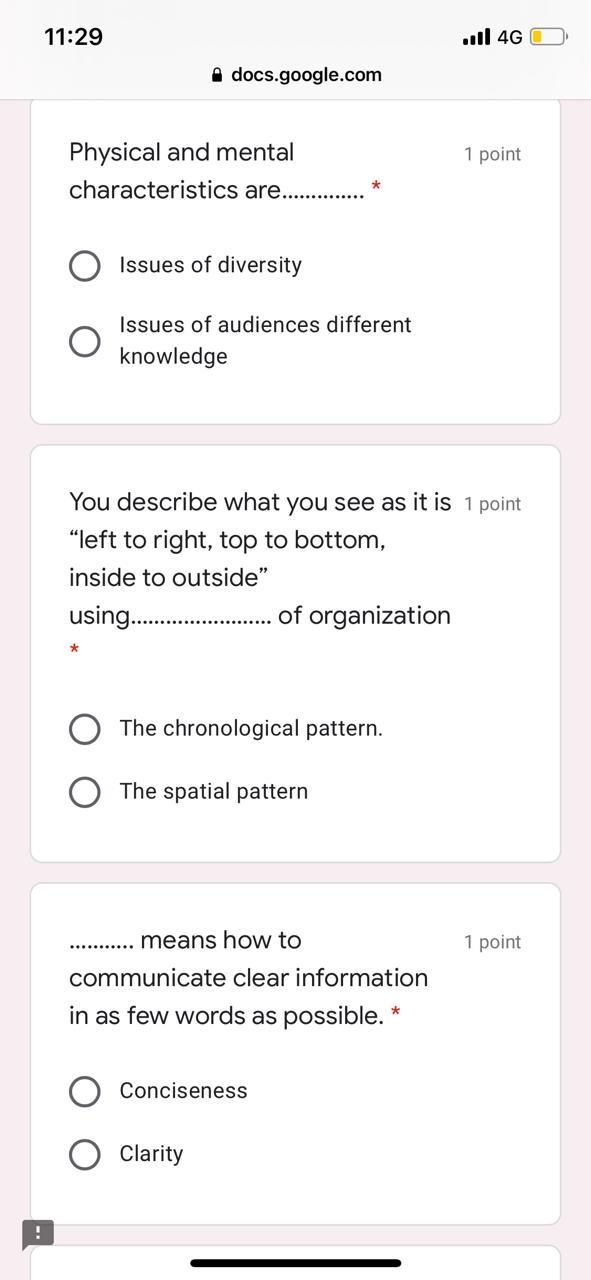 11:29 ..l 4G docs.google.com 1 point Physical and