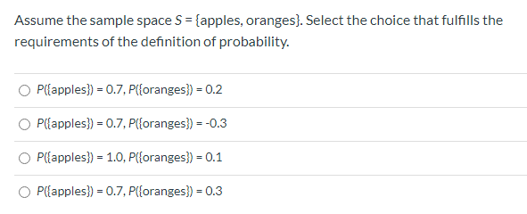 Assume the sample space S = {apples, oranges).