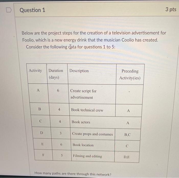 Question 1 3 pts Below are the project steps for