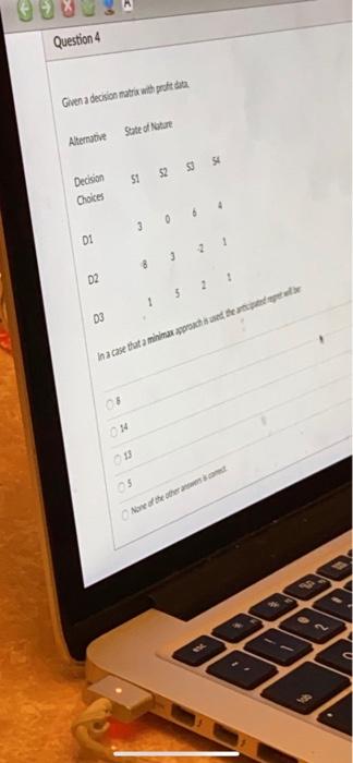 Question 4 Given a decision matrix with proft dit