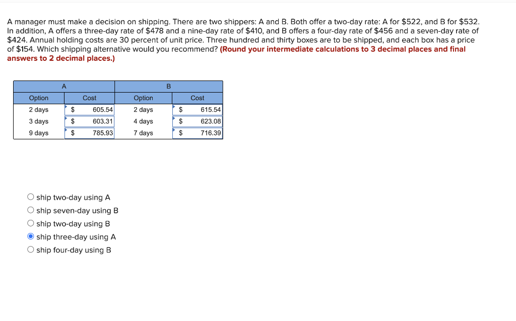 A manager must make a decision on shipping. There
