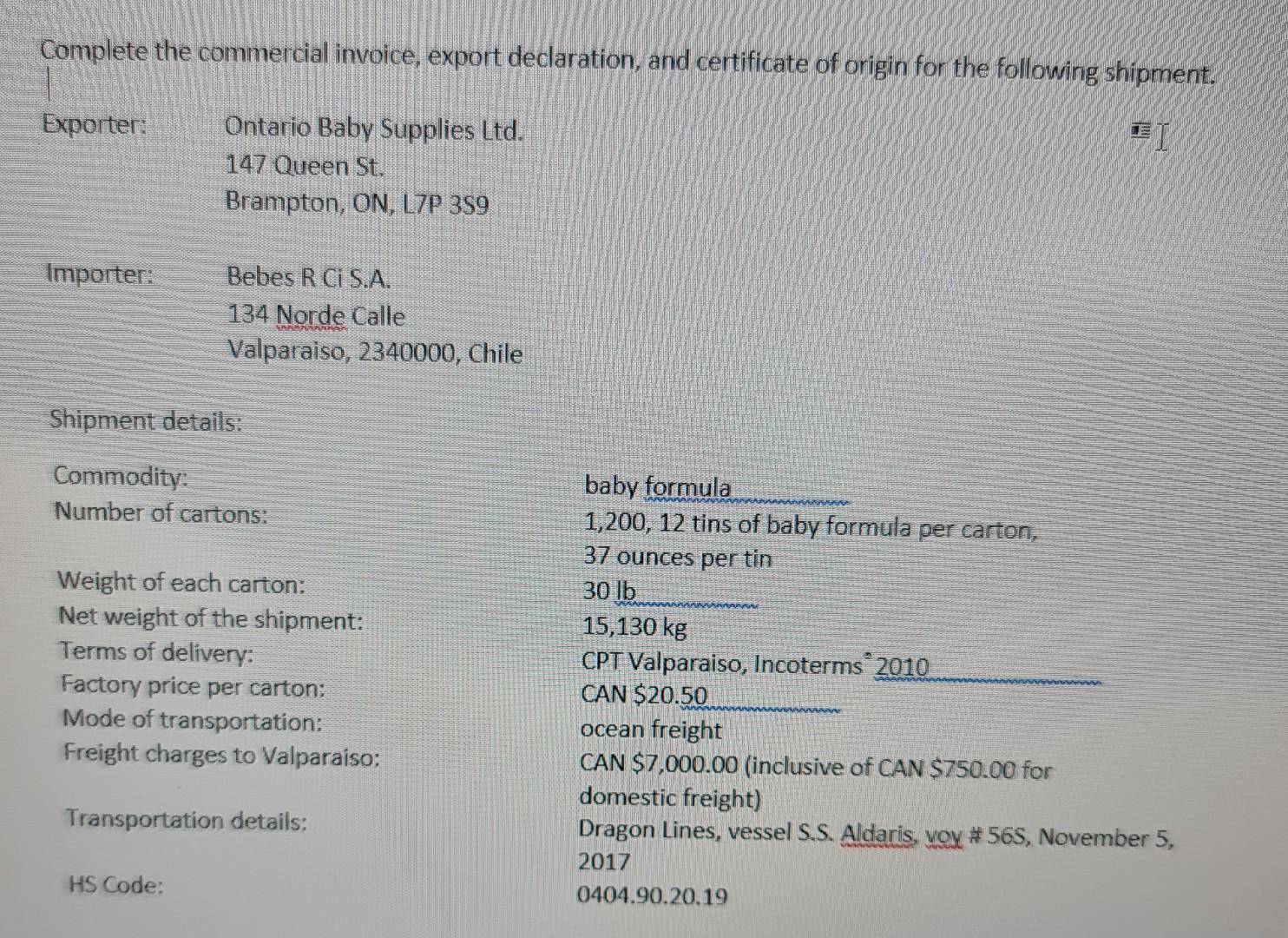 Need to complete commercial invoice, export