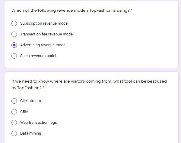Which of the following revenue models TopFashion