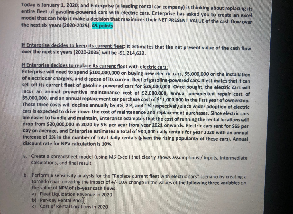 Complete model with info given on excel, inputs