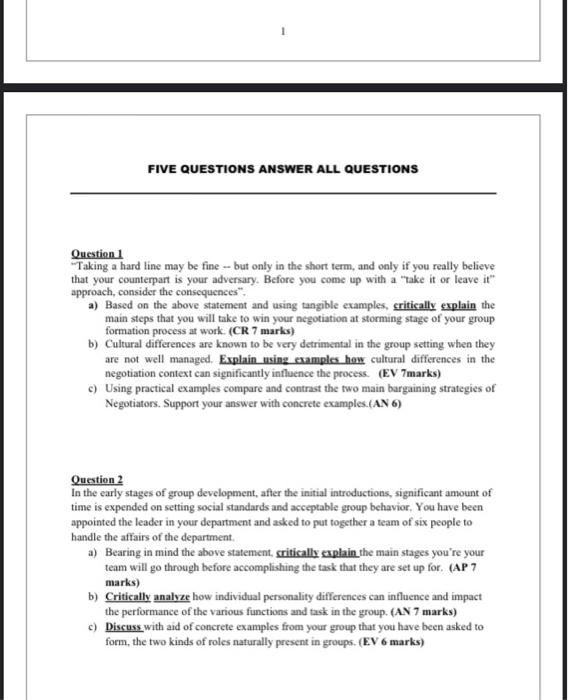 FIVE QUESTIONS ANSWER ALL QUESTIONS Question 1