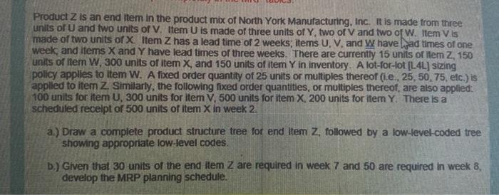 Product Z is an end item in the product mix of