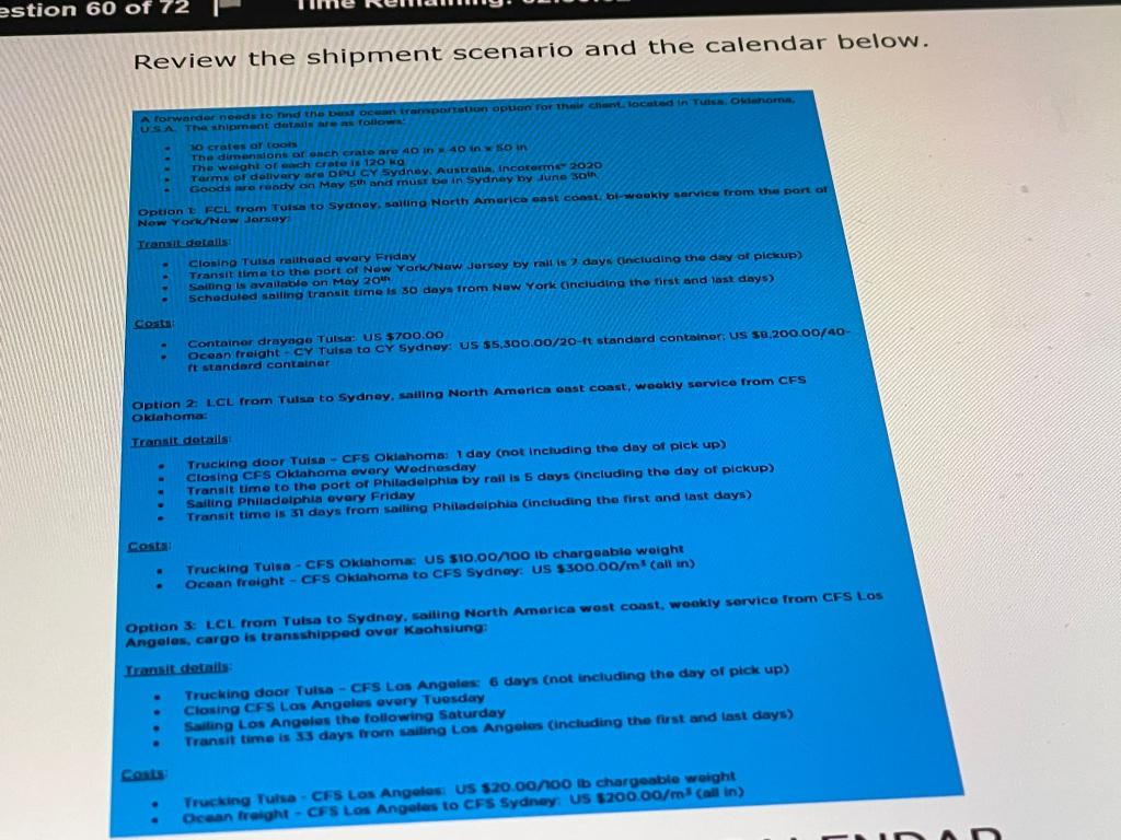 Review the shipment scenario and the calendar