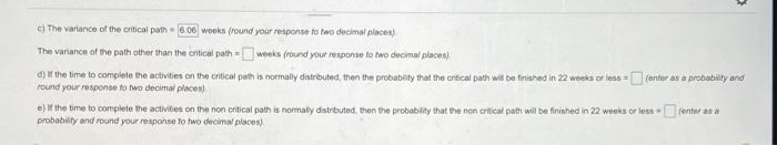 c) The variance of the critical path 6.06 weeks