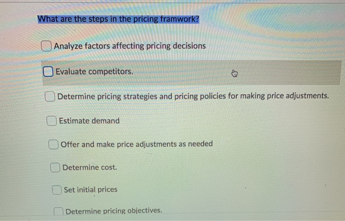 What are the steps in the pricing framwork?