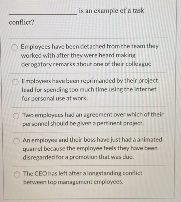 is an example of a task conflict? Employees have