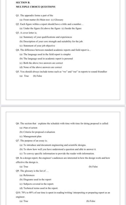 SECTION B. MULTIPLE CHOICE QUESTIONS QI. The
