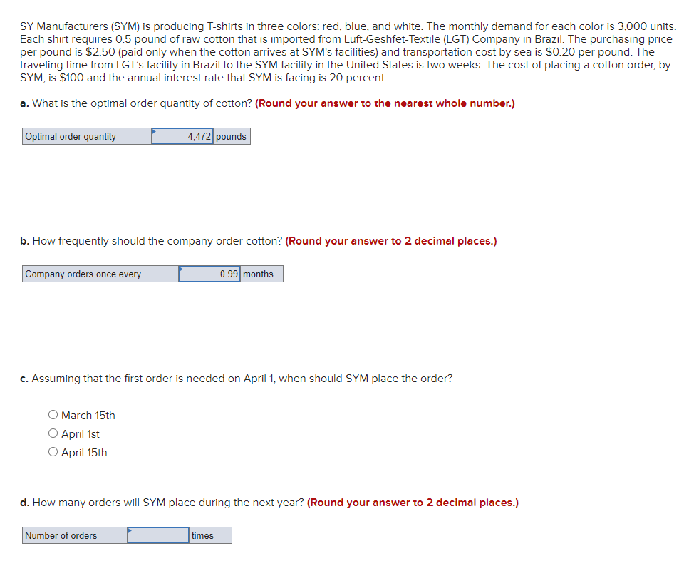 SY Manufacturers (SYM) is producing T-shirts in