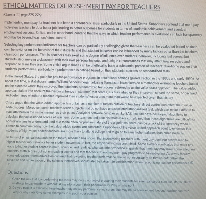 ETHICAL MATTERS EXERCISE: MERIT PAY FOR TEACHERS
