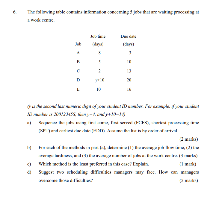 y = 5 6. The following table contains information
