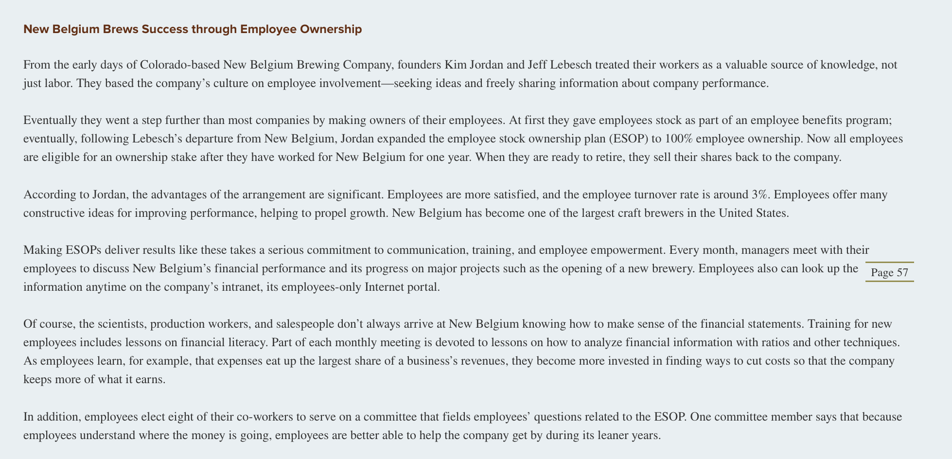 How do training programs at New Belgium support