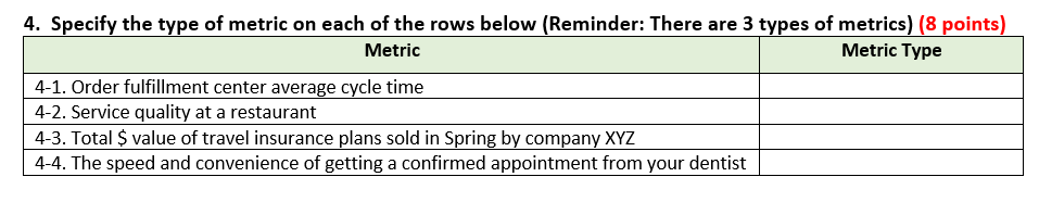 4. Specify the type of metric on each of the rows