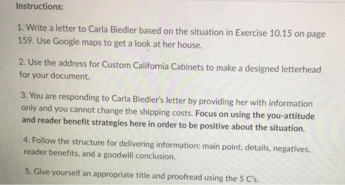 Instructions: 1. Write a letter to Carla Biedler