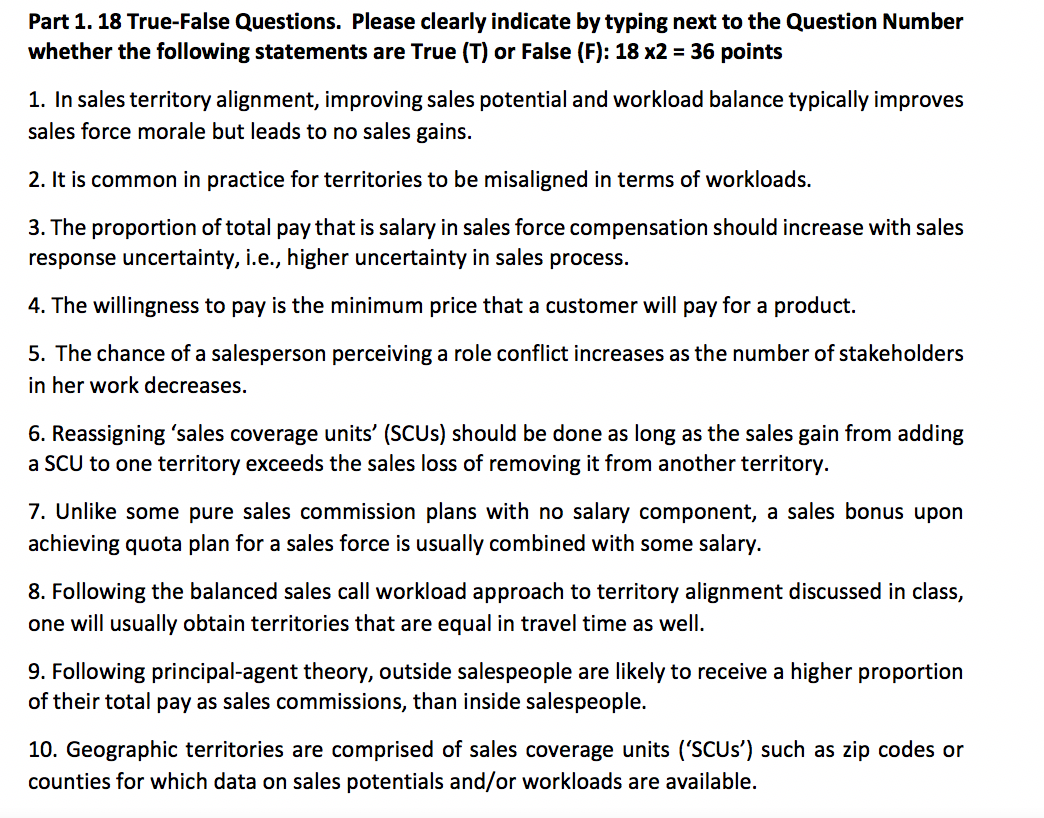 Part 1. 18 True False Questions. Please clearly
