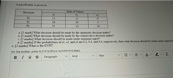 A payoff table is given as Decision d] $1 12 16