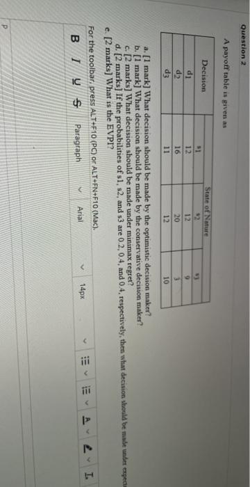 A payoff table is given as Decision d] $1 12 16
