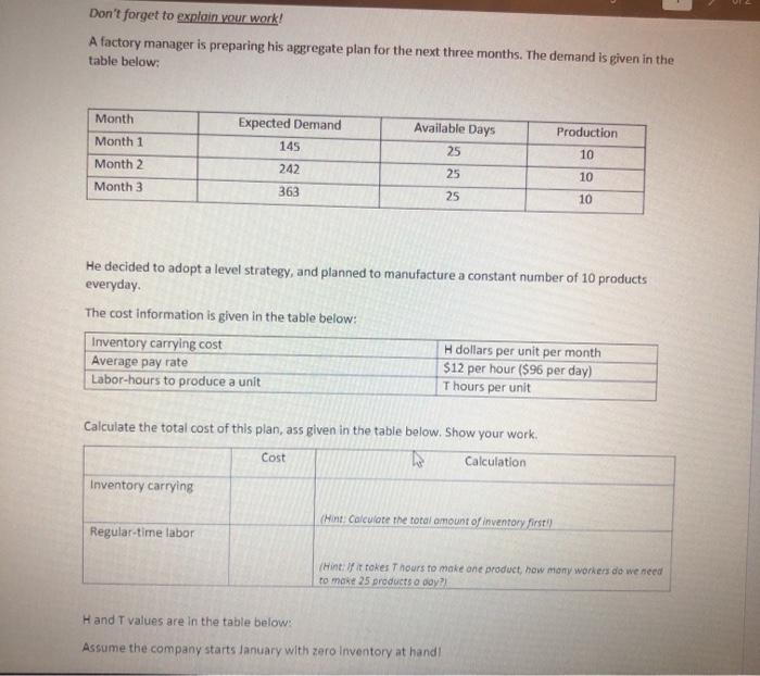 the H and T values are as fallowing; H(in