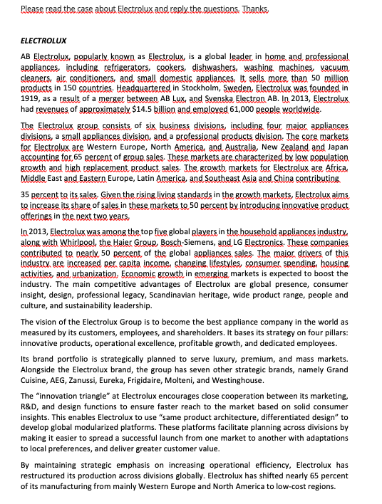 Please read the case about Electrolux and