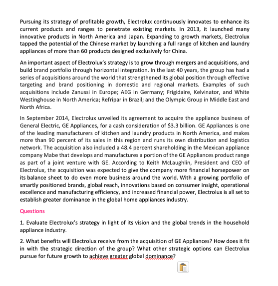 Please read the case about Electrolux and