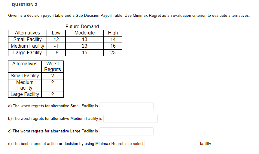 QUESTION 2 Given is a decision payoff table and a