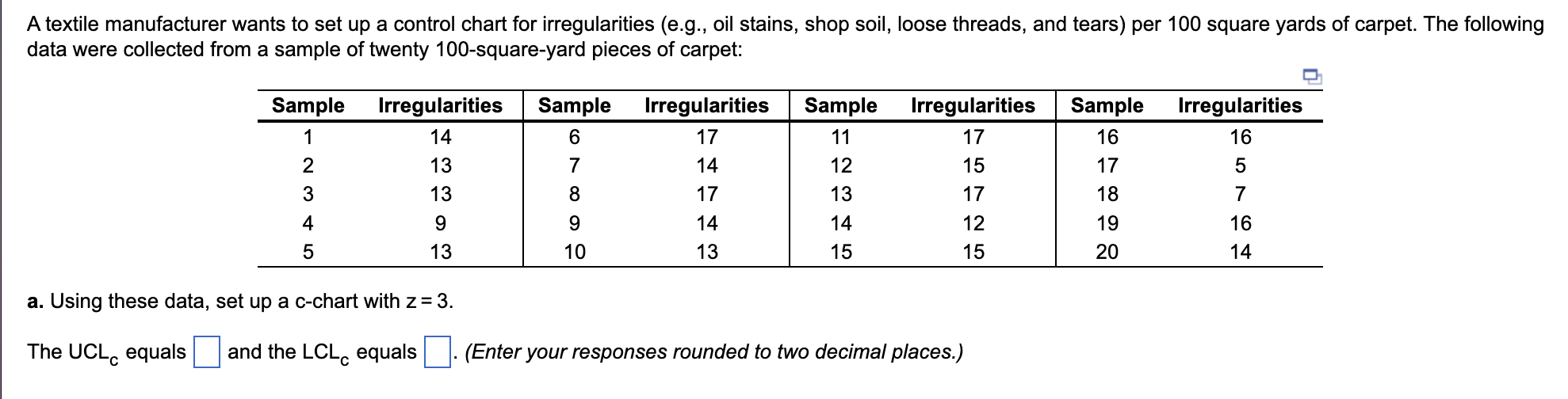 A textile manufacturer wants to set up a control