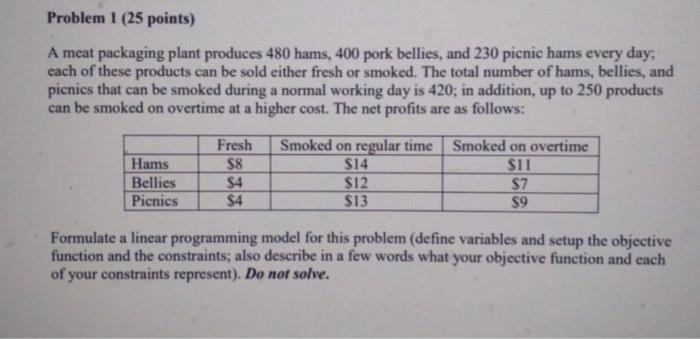Problem 1 (25 points) A meat packaging plant