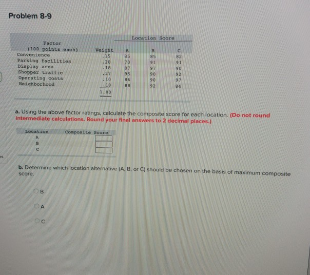 Problem 8-9 Location Score Factor (100 points