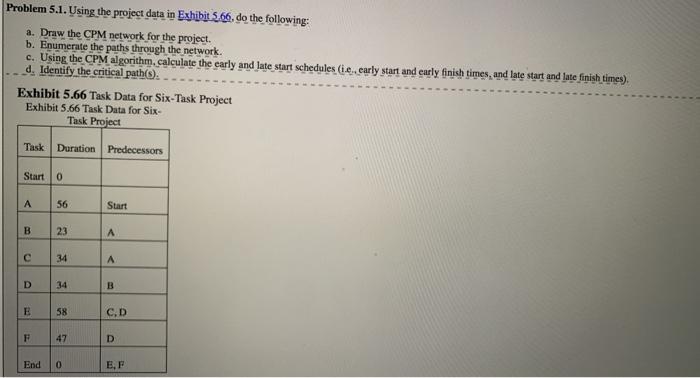 Problem 5.1. Using the project data in Exhibit